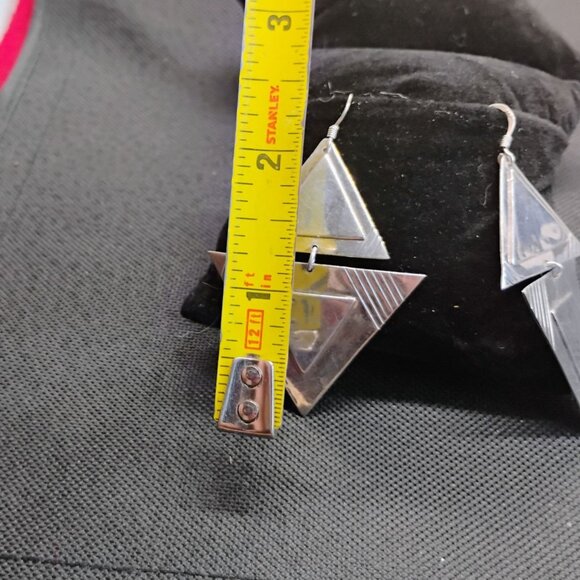 Modernist Geometric Sterling Silver Connected Dangle Triangle Earrings 3D 18.1g - Picture 4 of 7